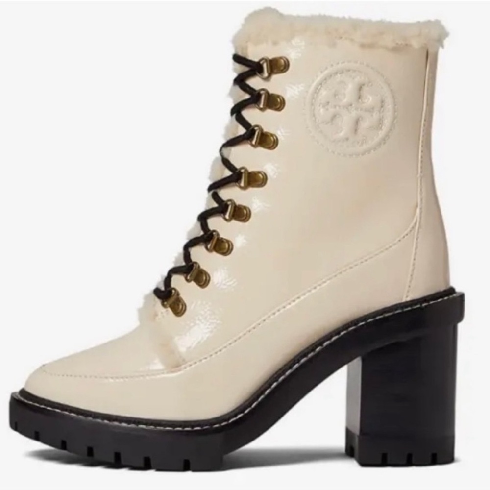 Tory Burch Women's Cream Lace-Up Ankle Boots with Shearling